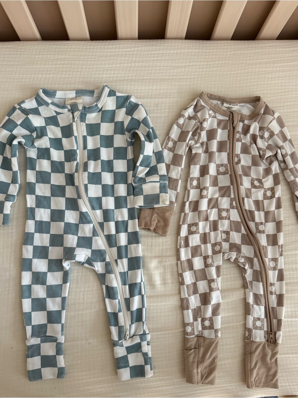 Spearmint Love/SIIX baby boy pajama bundle- checkered neutral pattern- 2 pieces